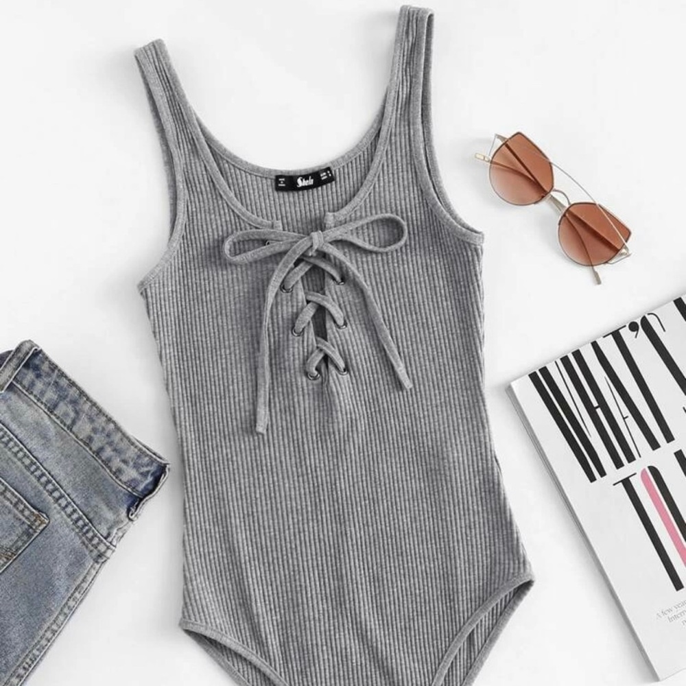 SHEIN Ribbed Lace-Up Heathered Knit Bodysuit size L